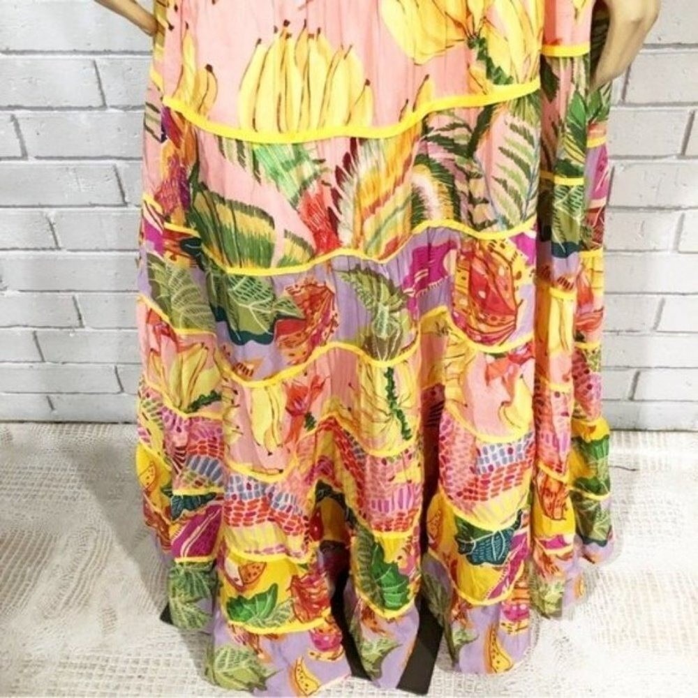 Farm Rio Mixed Pink Prints Maxi Dress Tropical Banana Tiered Halter Multi S - Picture 14 of 16